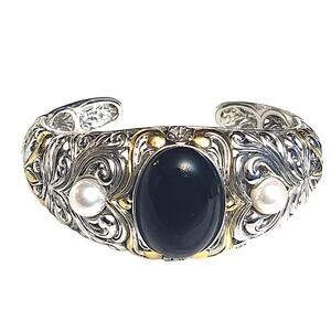 Gorgeous 925 Sterling Silver Onyx 18 K Plated Pearl  Double Hinged Cuff Bracelet